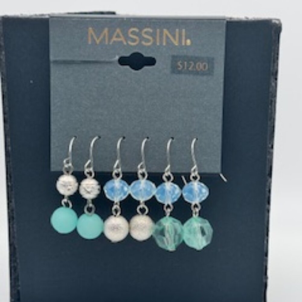 Massini Silver Toned Fishhook Dangle Earrings - Set of 3 - Silver/Turquoise/Blue - Picture 2 of 4